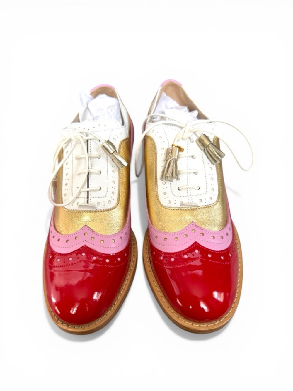 Patent Leather Tri-Tone Tassel Brogues — Red, Pink & White - Picture 12 of 12